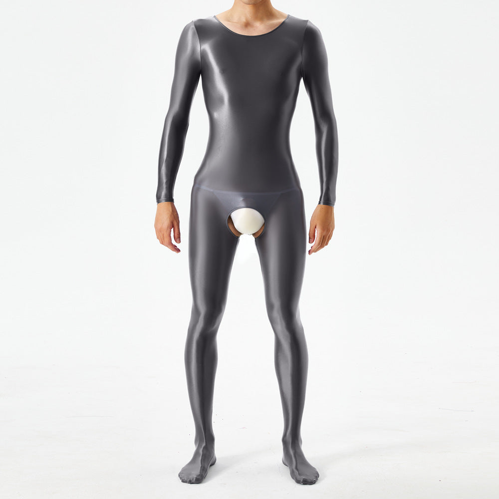 Thin plus-size oily shiny silky tight bodysuit full body open crotch sexy no-take sex bag 7076K - M / gray - Sexy
