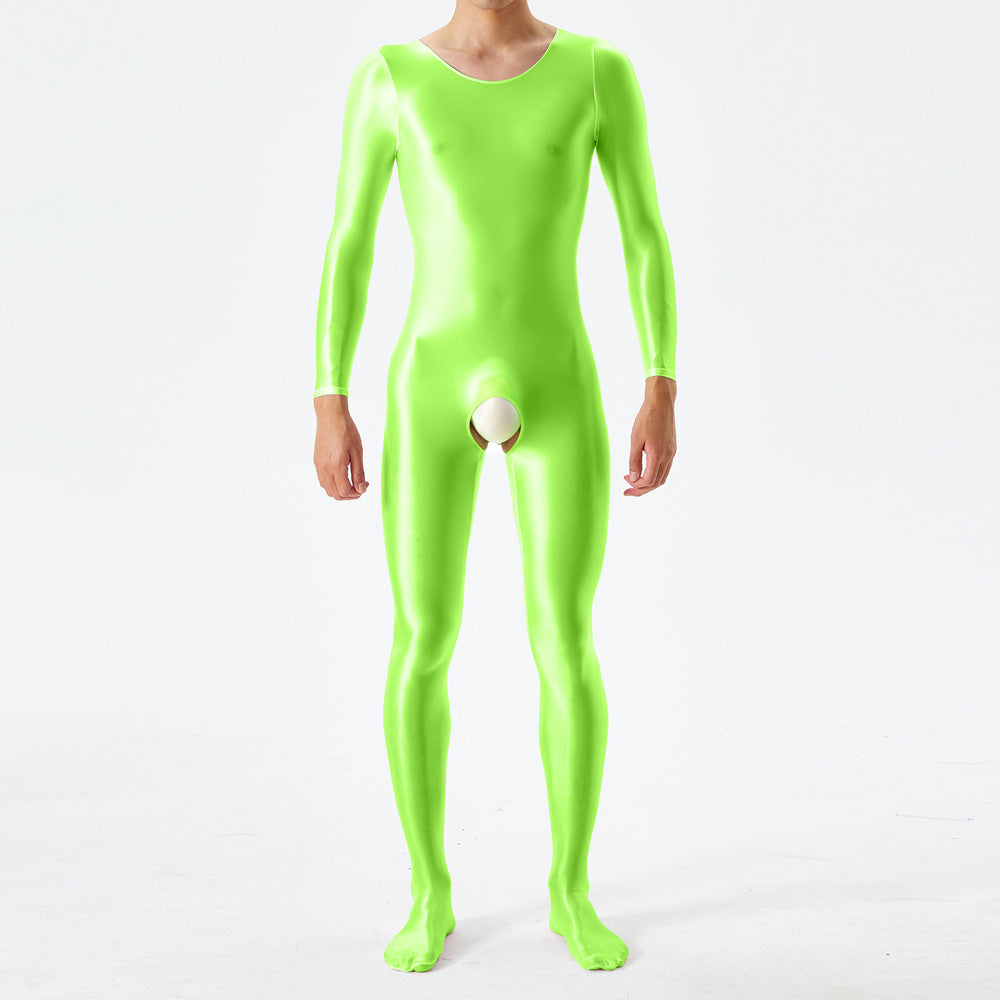 Thin plus-size oily shiny silky tight bodysuit full body open crotch sexy no-take sex bag 7076K - M / Fluorescent green