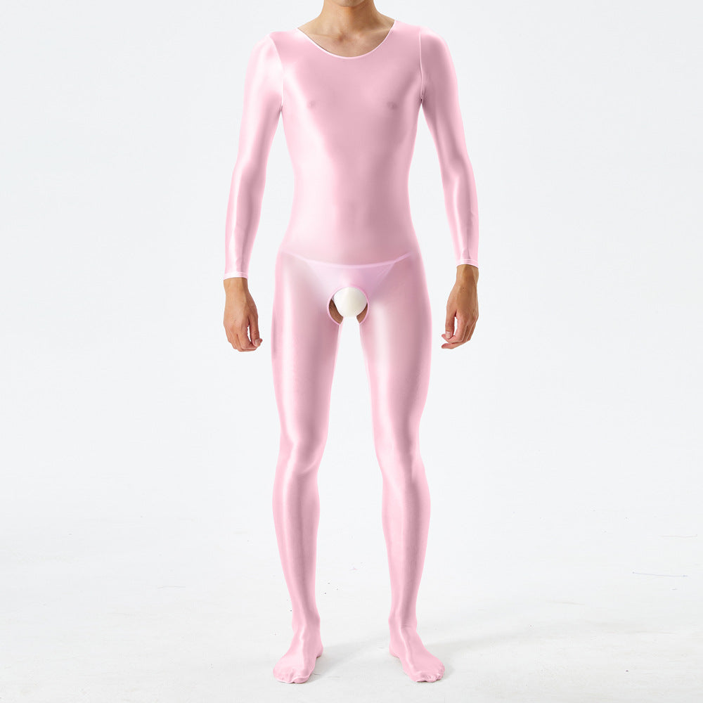 Thin plus-size oily shiny silky tight bodysuit full body open crotch sexy no-take sex bag 7076K - M / light pink - Sexy