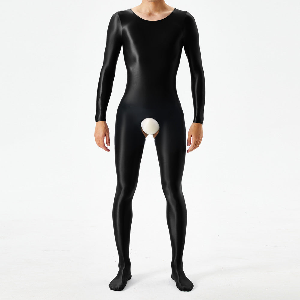 Thin plus-size oily shiny silky tight bodysuit full body open crotch sexy no-take sex bag 7076K - Sexy lingerie