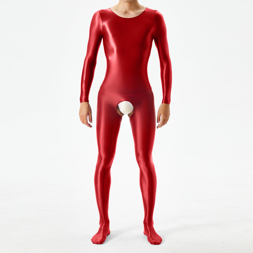 Thin plus-size oily shiny silky tight bodysuit full body open crotch sexy no-take sex bag 7076K - M / Red wine - Sexy