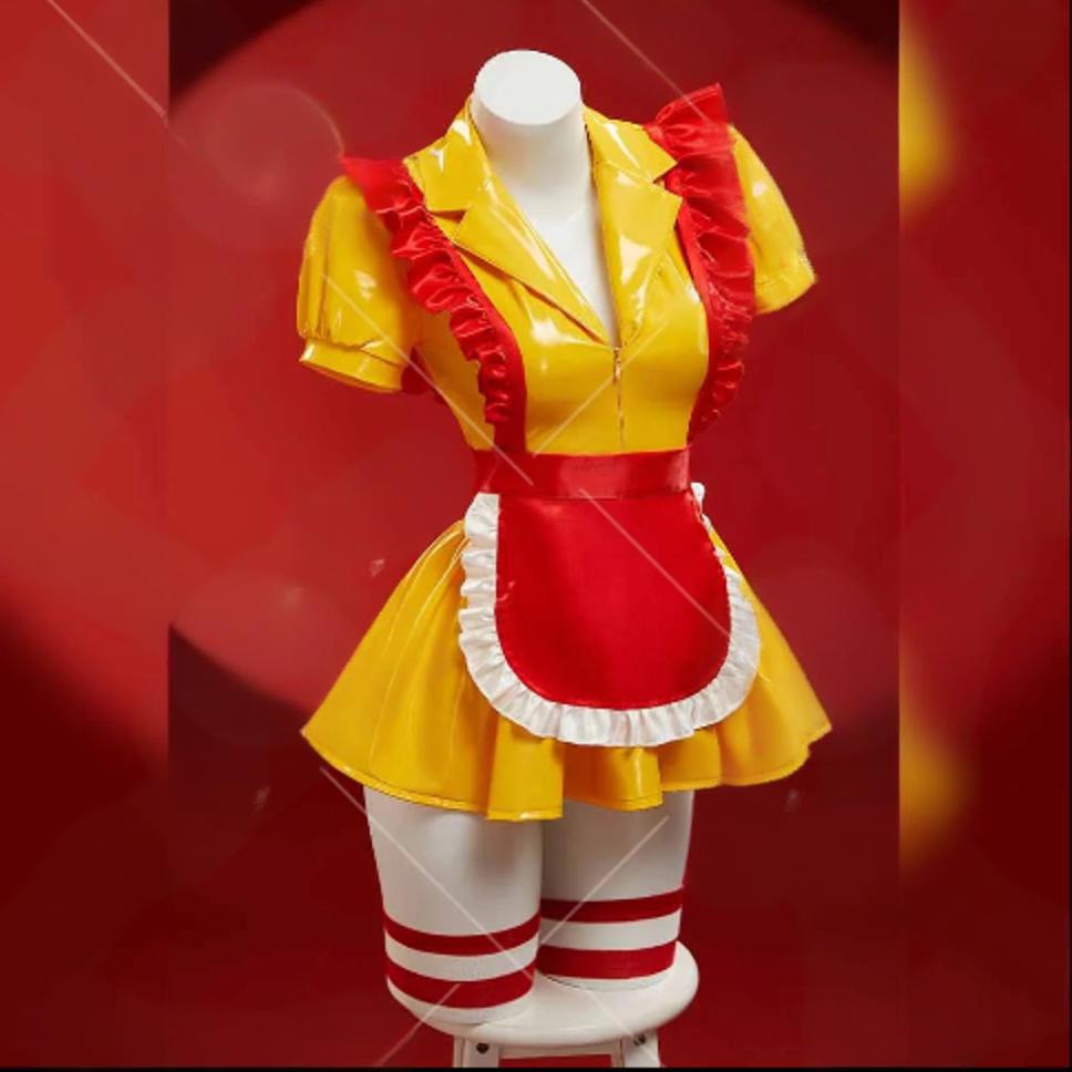 Mobbunny Women's Sexy Lingerie Maid Uniform Set Waitress Yellow Dress with Red Apron and Hat Halloween Cosplay Costume