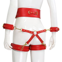 Image of Factory store wholesale sex toys leather handcuffs leg cuffs with waist bondage straps alternative toys cross leather corset