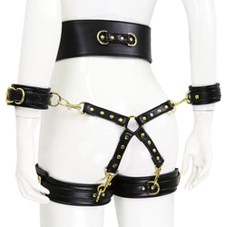 Image of Factory store wholesale sex toys leather handcuffs leg cuffs with waist bondage straps alternative toys cross leather corset
