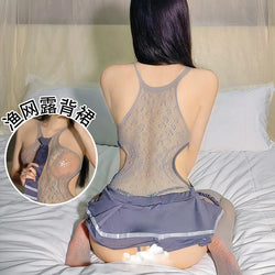 Image of Sexy lingerie sexy campus jk uniform set temptation mesh clothes transparent stockings jumpsuit pleated skirt drop shipping