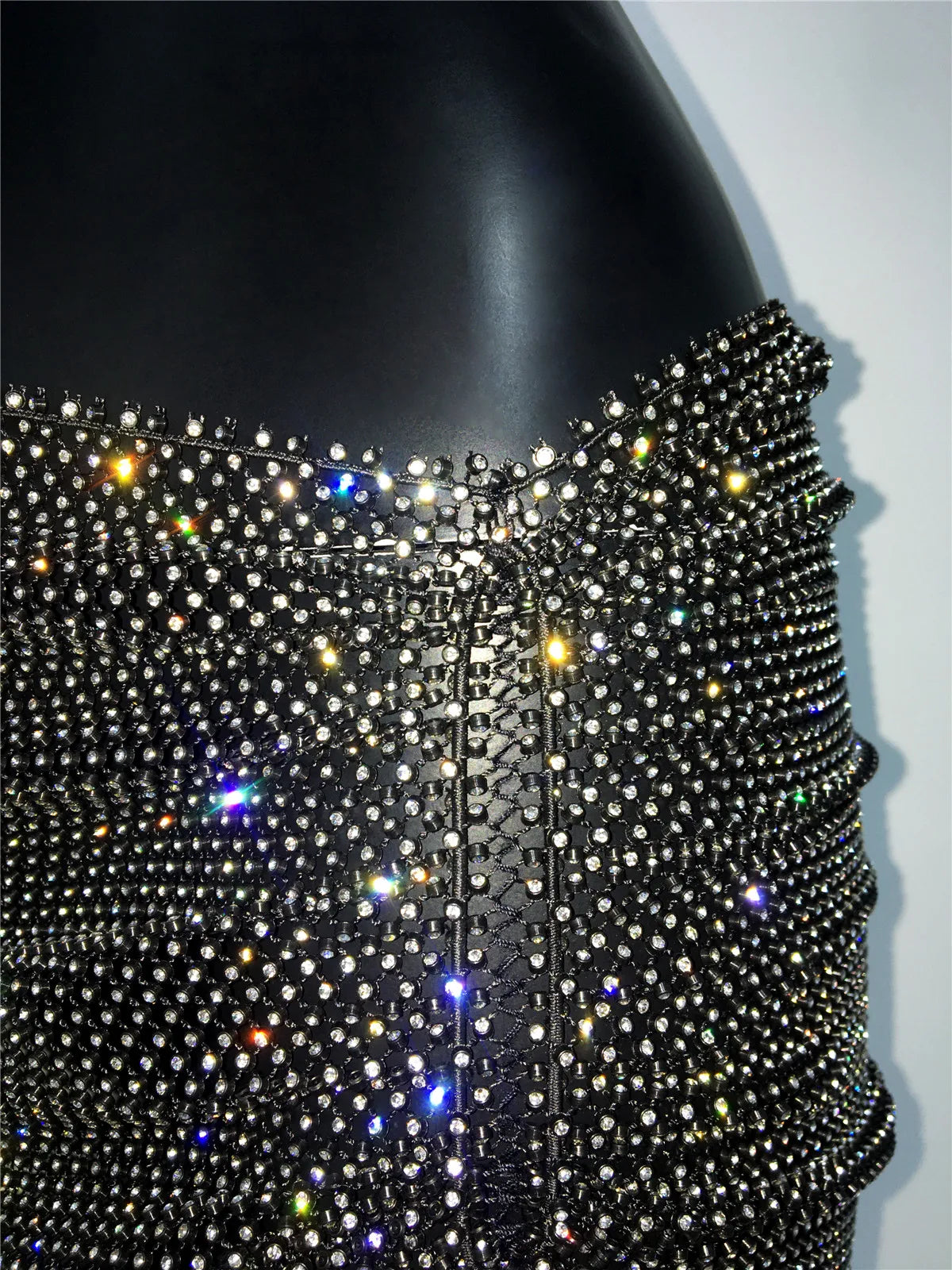 2024 Summer Rhinestone Fishnet Skirt For Women Sexy Hollow See Through Side Split Mini Skirt Beach Party Club Clothing