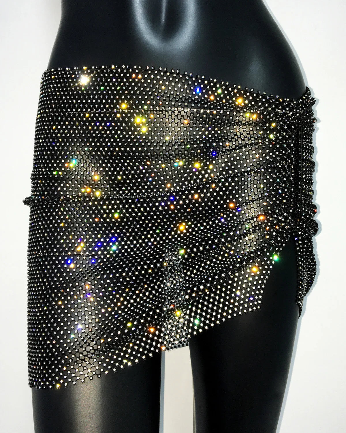 2024 Summer Rhinestone Fishnet Skirt For Women Sexy Hollow See Through Side Split Mini Skirt Beach Party Club Clothing