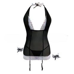 Image of Hot lace sexy black and white see-through cut-out seduction mesh strap pure desire slip dress pajama underwear set