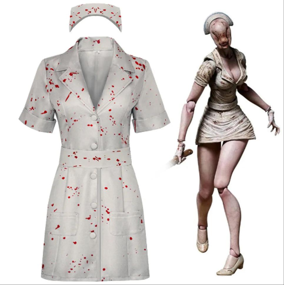 Halloween Costume Women Nurse Cosplay Silent Hill Remake Horror Zombie Nurse Cosplay Dress Uniform Set Performance Costumes 2024