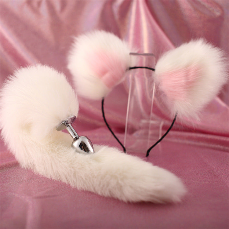 40cm All White Tail Double Erotic Fun Plush Hair Clip Ears Cosplay Makeup Metal Anal Plug Expansion - toys