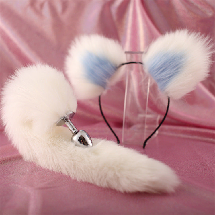 40cm All White Tail Double Erotic Fun Plush Hair Clip Ears Cosplay Makeup Metal Anal Plug Expansion - toys