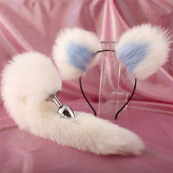 Image of 40cm All White Tail Double Erotic Fun Plush Hair Clip Ears Cosplay Makeup Metal Anal Plug Expansion - toys