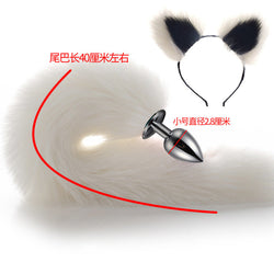 Image of 40cm All White Tail Double Erotic Fun Plush Hair Clip Ears Cosplay Makeup Metal Anal Plug Expansion - White tail