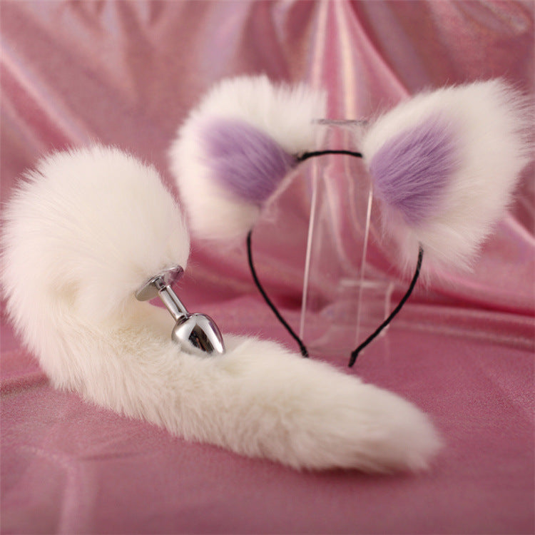 40cm All White Tail Double Erotic Fun Plush Hair Clip Ears Cosplay Makeup Metal Anal Plug Expansion - toys