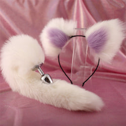 Image of 40cm All White Tail Double Erotic Fun Plush Hair Clip Ears Cosplay Makeup Metal Anal Plug Expansion - toys