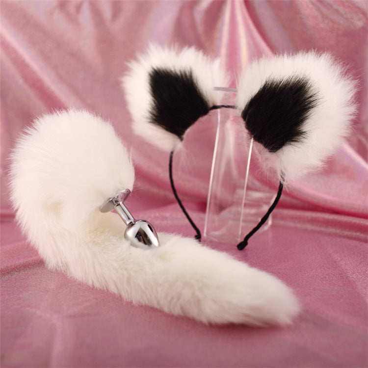 40cm All White Tail Double Erotic Fun Plush Hair Clip Ears Cosplay Makeup Metal Anal Plug Expansion - toys