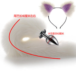 Image of 40cm All White Tail Double Erotic Fun Plush Hair Clip Ears Cosplay Makeup Metal Anal Plug Expansion - White-tailed
