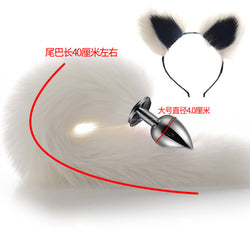 Image of 40cm All White Tail Double Erotic Fun Plush Hair Clip Ears Cosplay Makeup Metal Anal Plug Expansion - White tail large