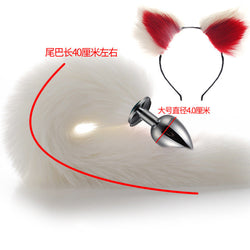 Image of 40cm All White Tail Double Erotic Fun Plush Hair Clip Ears Cosplay Makeup Metal Anal Plug Expansion - White-tailed