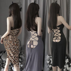 Image of Long skirt tie plus size erotic lingerie leopard print passion nightclub lady can wear uniform to seduce adult tight
