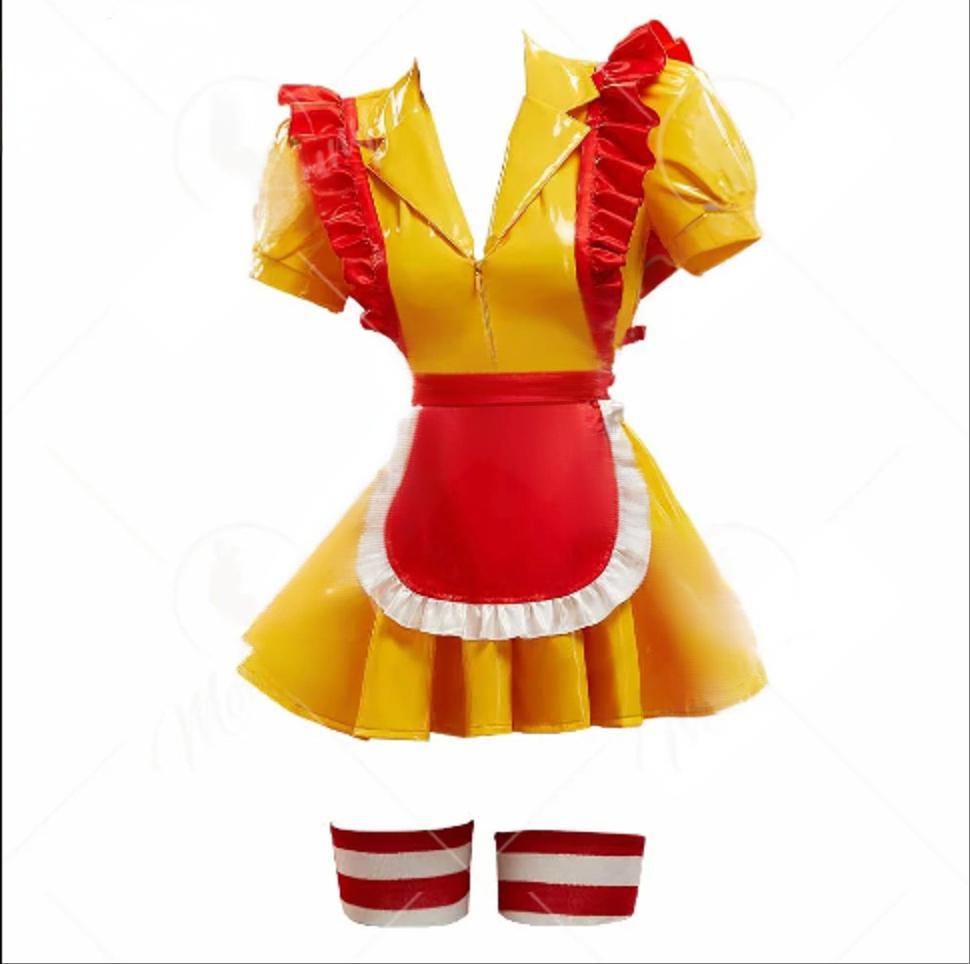 Image of Mobbunny Women's Sexy Lingerie Maid Uniform Set Waitress Yellow Dress with Red Apron and Hat Halloween Cosplay Costume