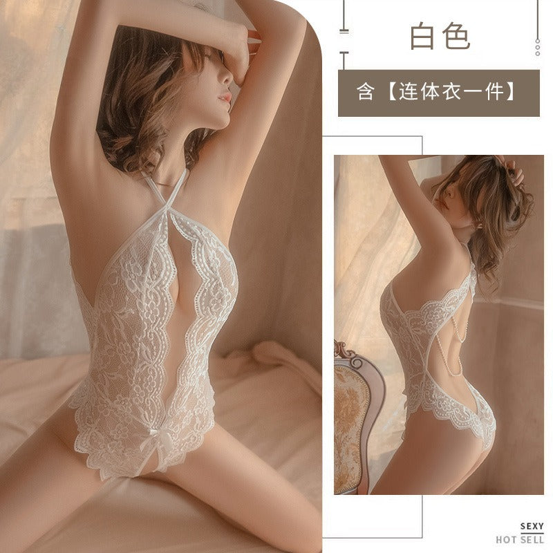 Erotic underwear women's opening file free three-point lace pearl halterneck jumpsuit, small breasts show big, sexy pure desire 1804