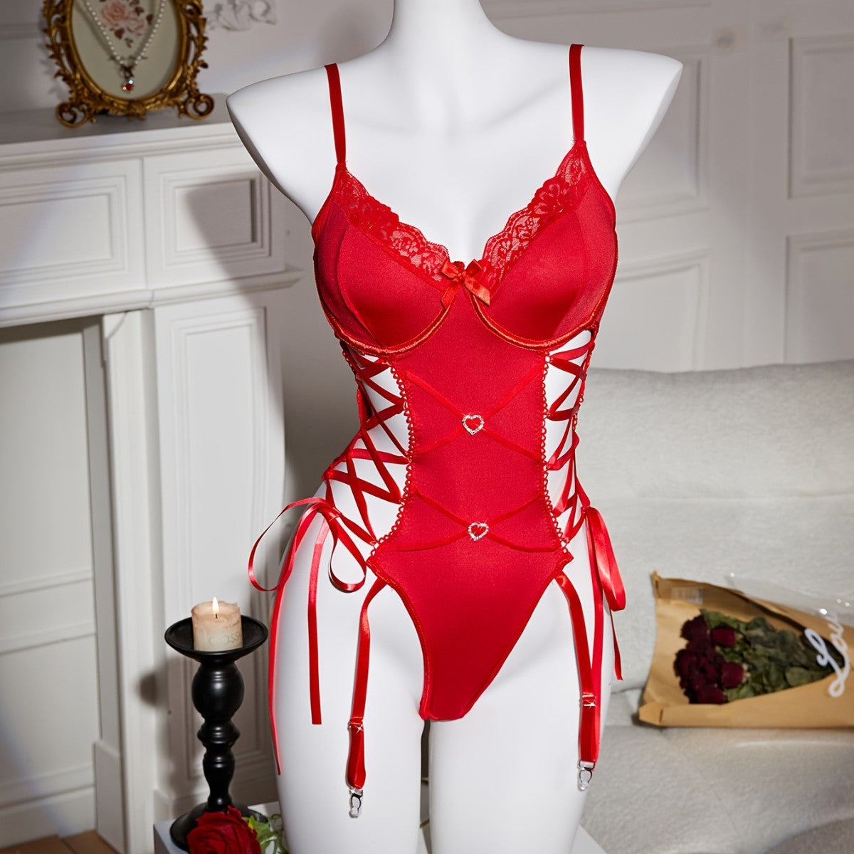 Image of 7137 cross-border foreign trade new European and American pure desire lace side strap love diamond buckle cross sex fun