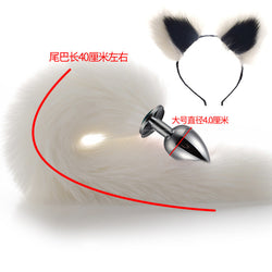 Image of 40cm All White Tail Double Erotic Fun Plush Hair Clip Ears Cosplay Makeup Metal Anal Plug Expansion