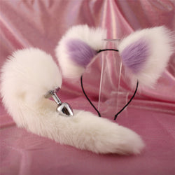 Image of 40cm All White Tail Double Erotic Fun Plush Hair Clip Ears Cosplay Makeup Metal Anal Plug Expansion