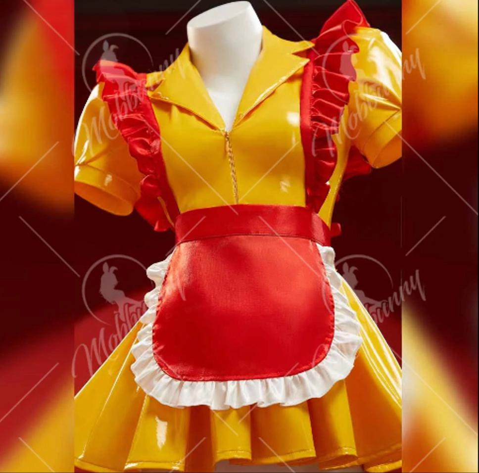 Image of Mobbunny Women's Sexy Lingerie Maid Uniform Set Waitress Yellow Dress with Red Apron and Hat Halloween Cosplay Costume