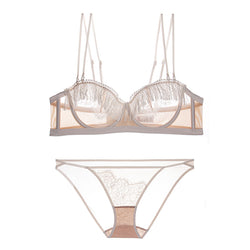 Image of Southeast Asia cross-border fringe half cup underwear women's ultra-thin cup big breasts show small transparent mesh sex interesting bra