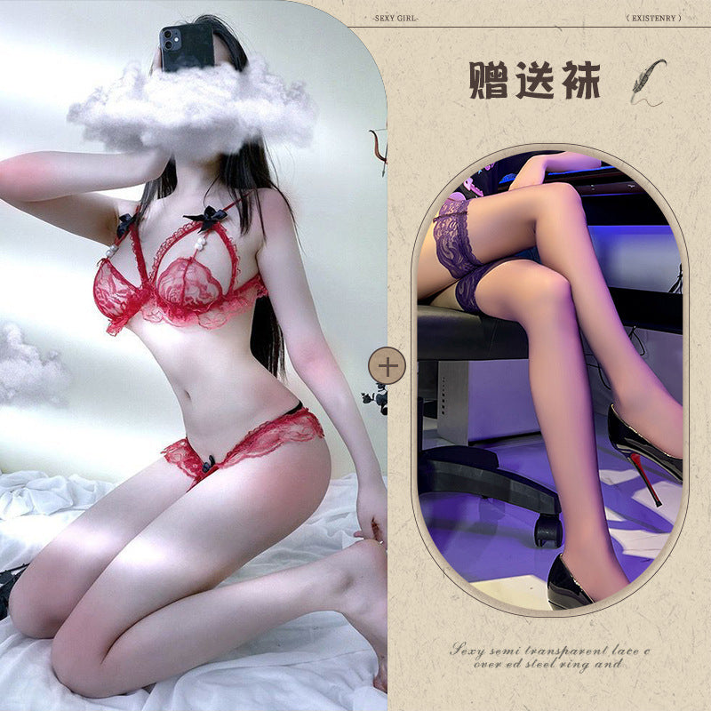 Image of Night listening to fragrance sex fun underwear women's bikini three-point pearl thong bra passion set drop delivery