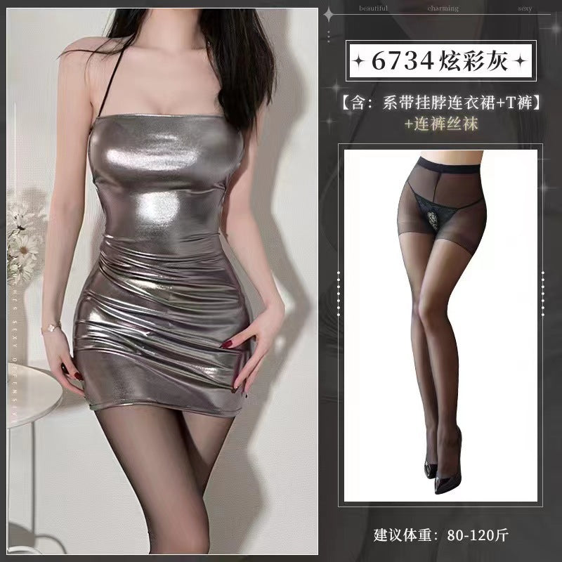 Yeyi love fun lingerie sexy hot girl low-cut patent leather bag hips backless nightclub style passion tight uniform