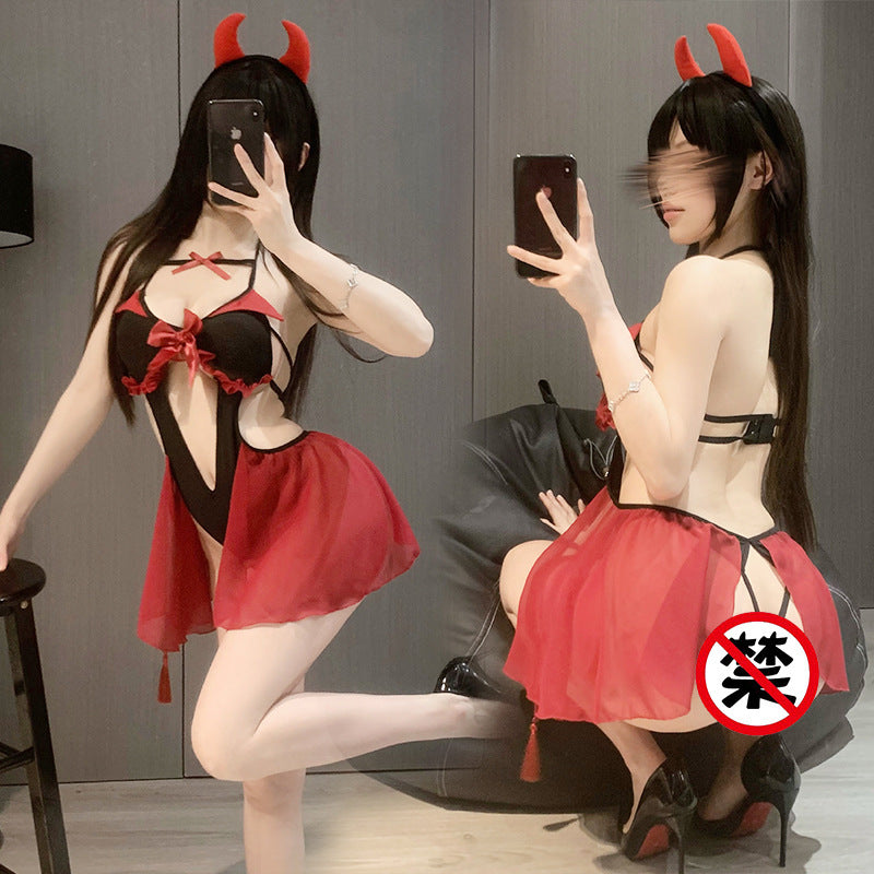 Image of Doria erotic lingerie sexy cutout suspender bodysuit uniform Halloween little devil passion free crotch