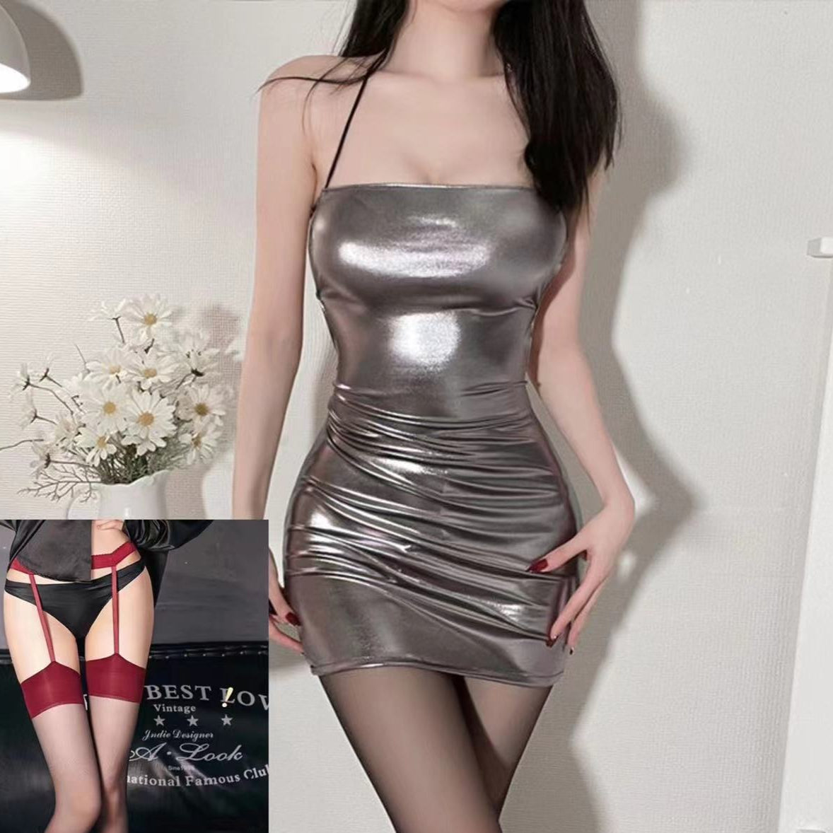 Yeyi love fun lingerie sexy hot girl low-cut patent leather bag hips backless nightclub style passion tight uniform