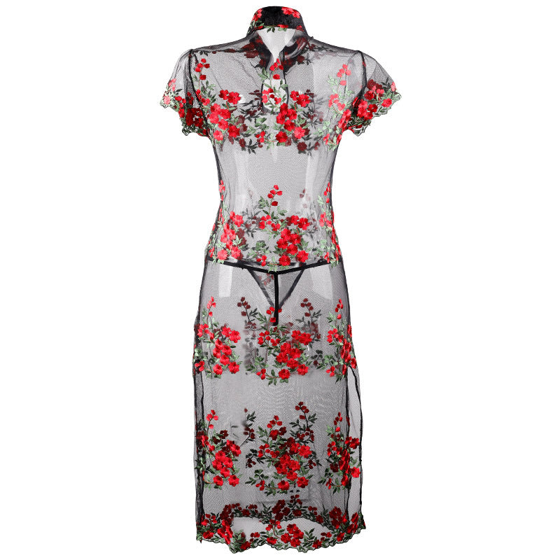 Yi Jin erotic underwear sexy see-through tulle slit famous country ancient style cheongsam hanfu uniform set temptation 7926