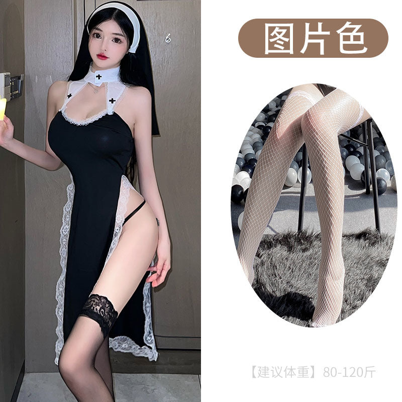 Image of Love is like erotic lingerie cosplay sexy high slit lace slim seduction nun uniform set 5708