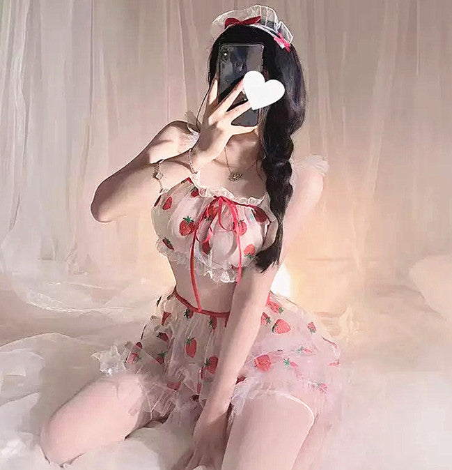 Pure desire couple fun lingerie see-through chiffon sweet sexy suspender seduction strawberry thin nightdress suit women's suit