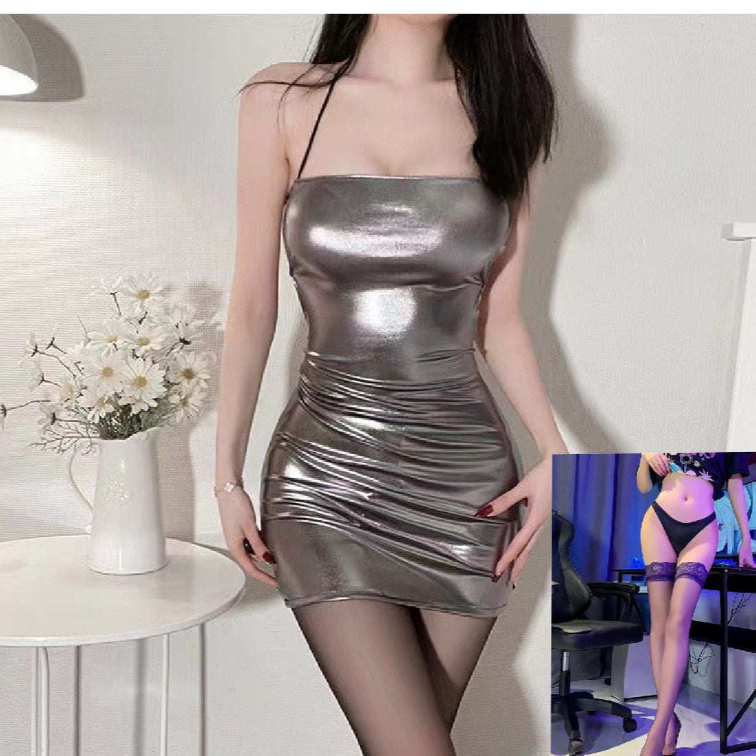 Image of Yeyi love fun lingerie sexy hot girl low-cut patent leather bag hips backless nightclub style passion tight uniform