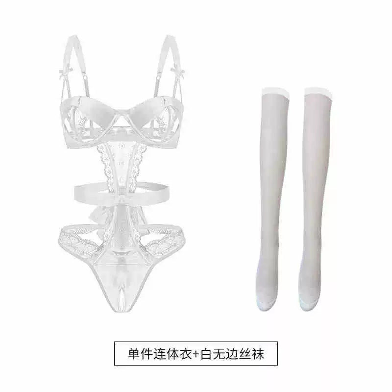Meizhi Lan erotic lingerie pure desire lace open breast exposure jumpsuit tight temptation no take off sexy small breast suit