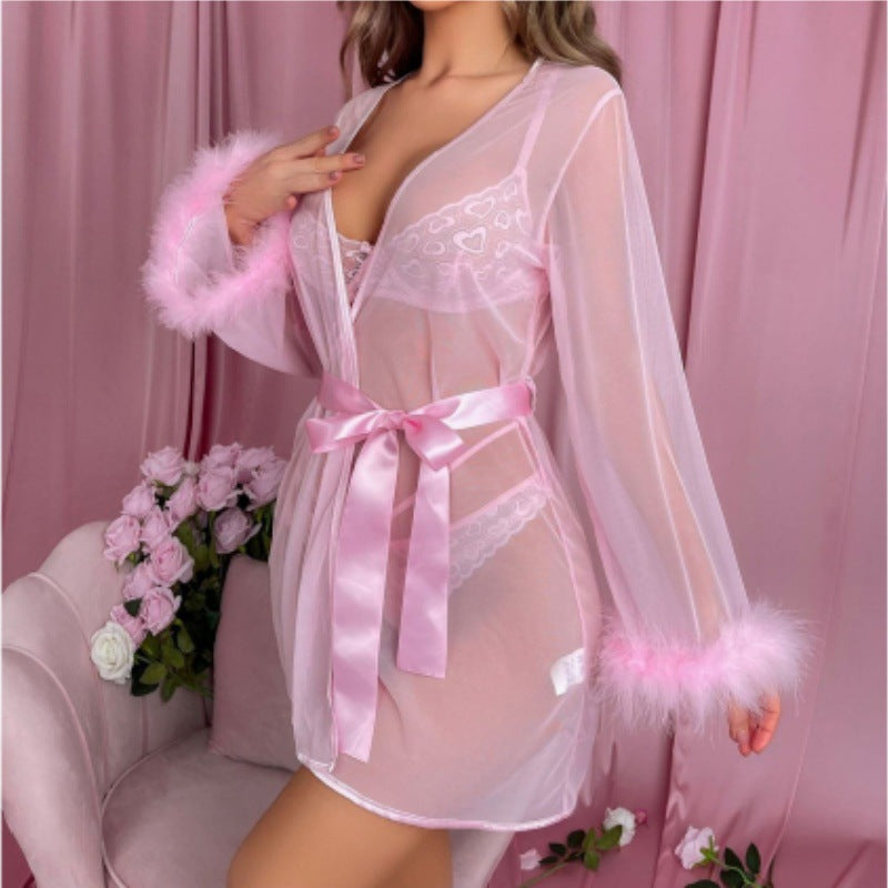 Image of Amazon foreign trade European and American style Christmas dress lace see-through uniform jacket bra erotic underwear three-piece dressing gown