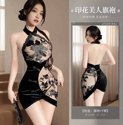Image of Erotic lingerie sexy transparent cut-out pajamas lace embroidery see-through backless velvet buttocks cheongsam uniform set