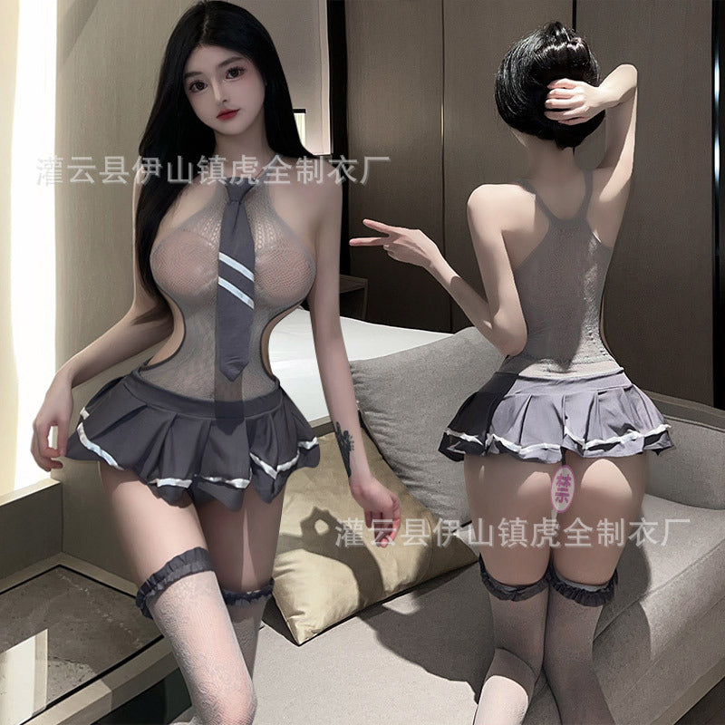 Erotic underwear sexy school girl suit student JK uniform temptation stockings jumpsuit net dress one piece dropshipping 9857