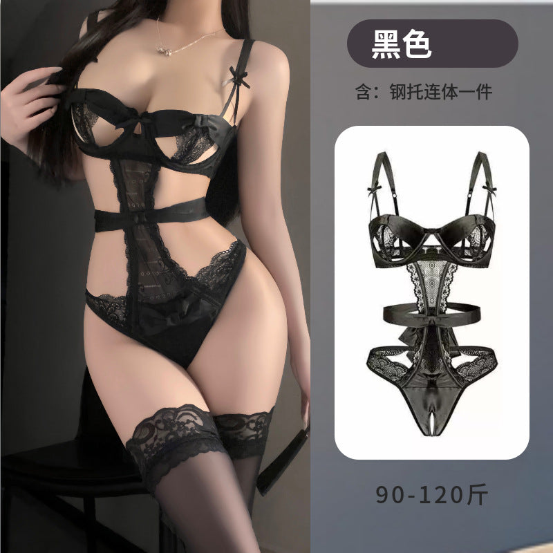 Meizhi Lan erotic lingerie pure desire lace open breast exposure jumpsuit tight temptation no take off sexy small breast suit