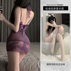 Image of Sexy Pure Lust Pajamas Erotic Lingerie Lace Deep V Sheer Purple Suspenders Nightdress Free Uniform Strap Temptation
