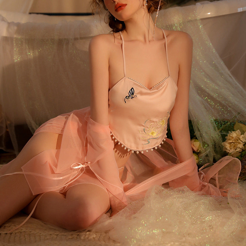 Yueyi original antique underwear comfortable embroidery national tide belly pocket mesh set temptation three colors