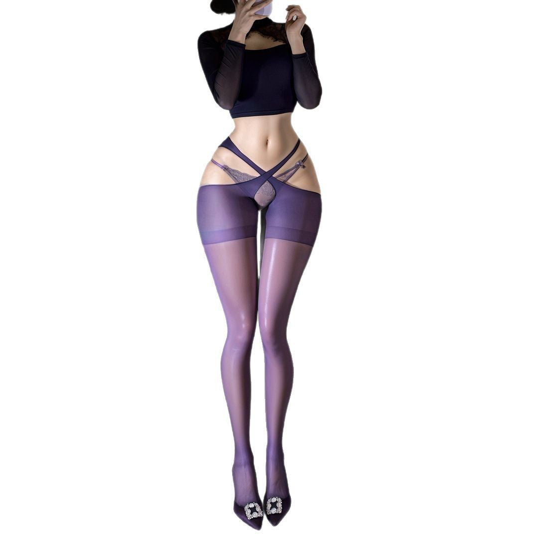 Erotic underwear pure desire purple temptation cross cutout crotch pantyhose sexy underwear sexy buttocks free to take off