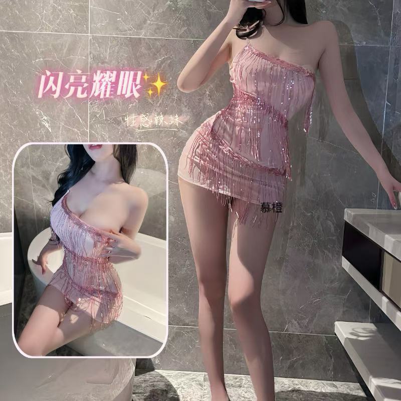 Image of Mu orange erotic underwear sexy female sequins tassel wrap buttocks see-through skirt pure lust temptation uniform pajamas set