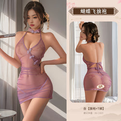 Image of Pure lust, erotic underwear, feminine sense, ancient style, butterfly love, flowers, see-through temptation, cheongsam, hip wrapping, tie uniform, nightdress set