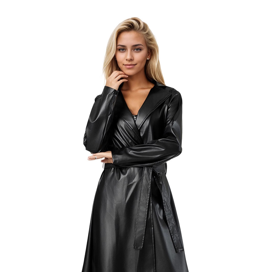 2024 elongated bathrobe, trench coat, spring and autumn anti-wrinkle fashion women's leather jacket, cross-border leather jacket, women's new customized hit